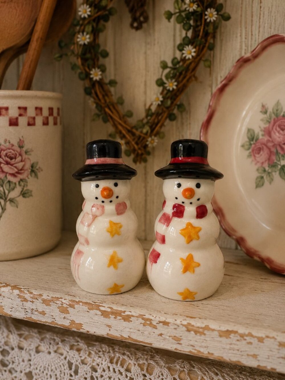 Vintage Mini Snowman Salt & Pepper Shakers | Ceramic Christmas Set | 3" Tall |